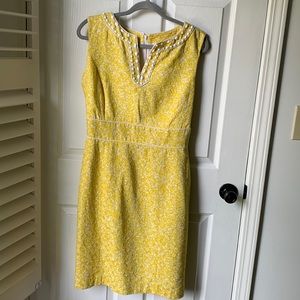 Yellow damask dress by Tahari size 12 with beautiful beaded neckline